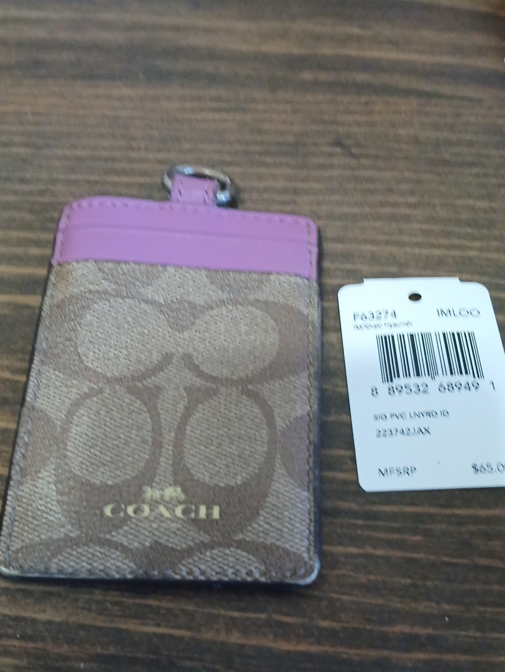 Coach Signature Card Holder with Pink Trim and Gold Logo